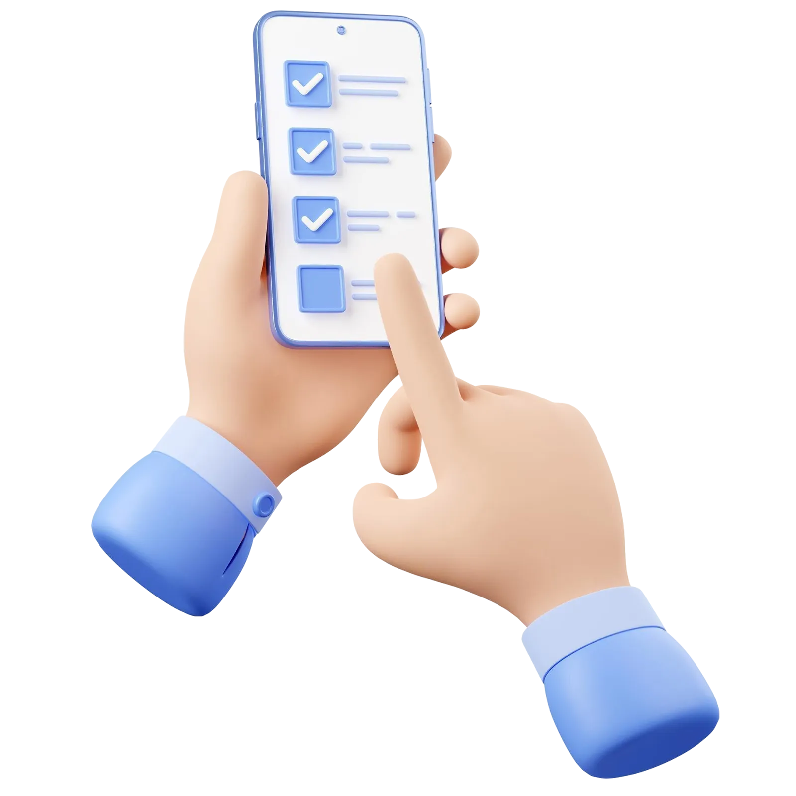 Ilustración 3D de una mano sosteniendo un smartphone completando una encuesta de transparencia en línea